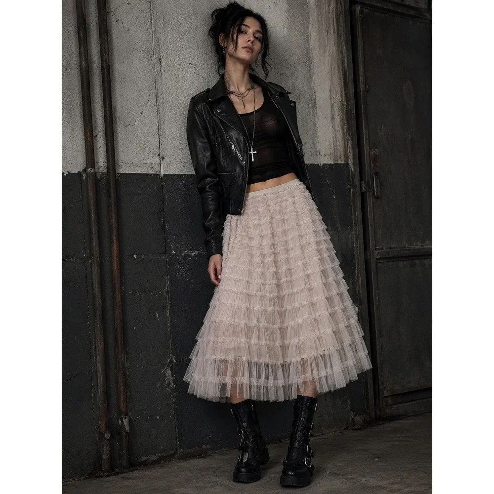Tulle Ruffle Maxi Skirt Womens XL Blush Nude Tiered Mesh Whimsical Romantic Soft - Picture 3 of 8